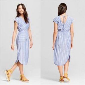 NWOT Universal Thread Blue Stripe Cotton Blend Wrap Front Dress Size L Chambray